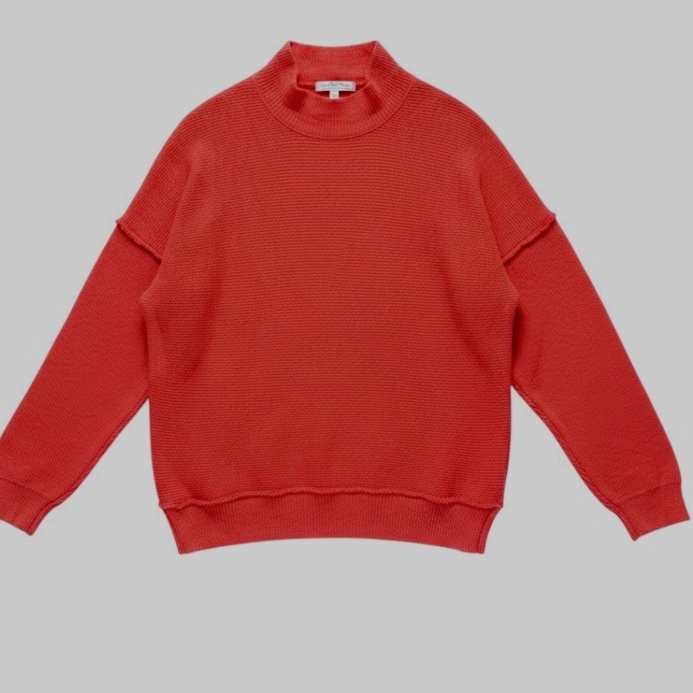 We The Free Sweater Womens Small Red Mock Neck Oversized Waffle Knit Seam Detail